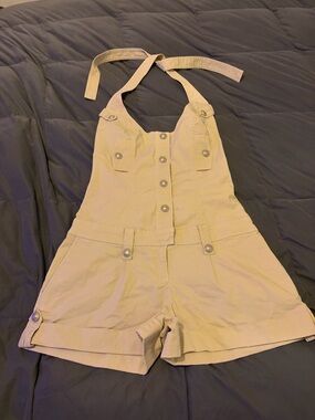JLo Beige Halter Button-Front Romper Shorts